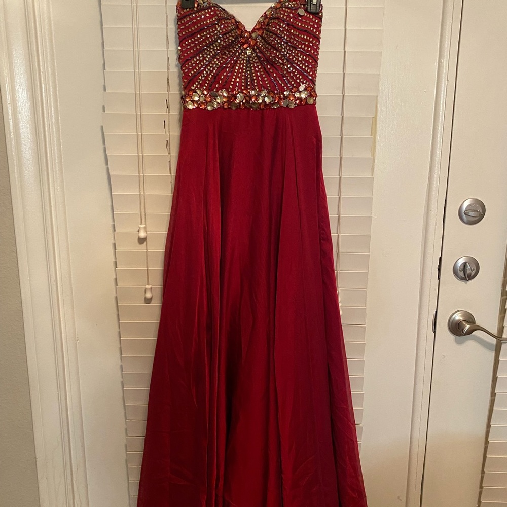 Deep red floor length evening dress